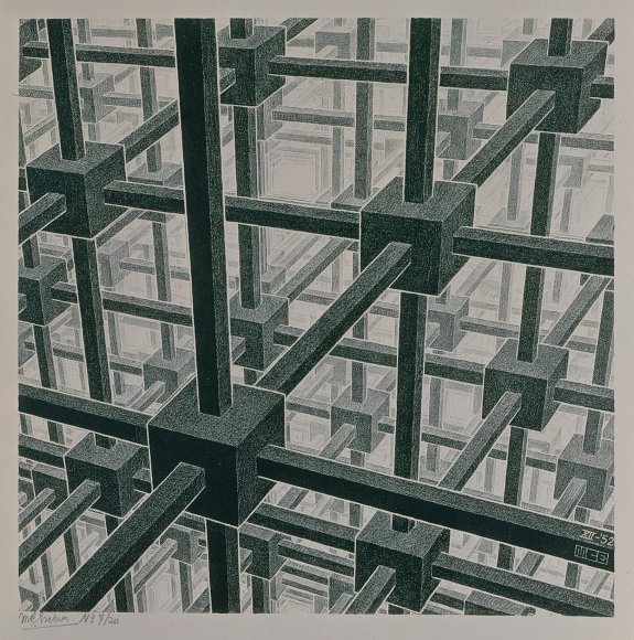 The Newtonian cosmos, as represented by M. C. Escher’s “Cubic Space Division.”